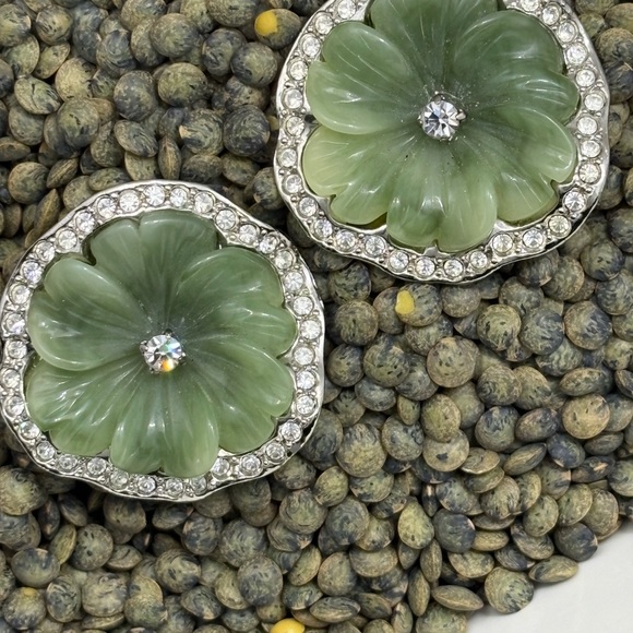 Kenneth Jay Lane Green Floral Earrings with Crystal Trim - Picture 2 of 5
